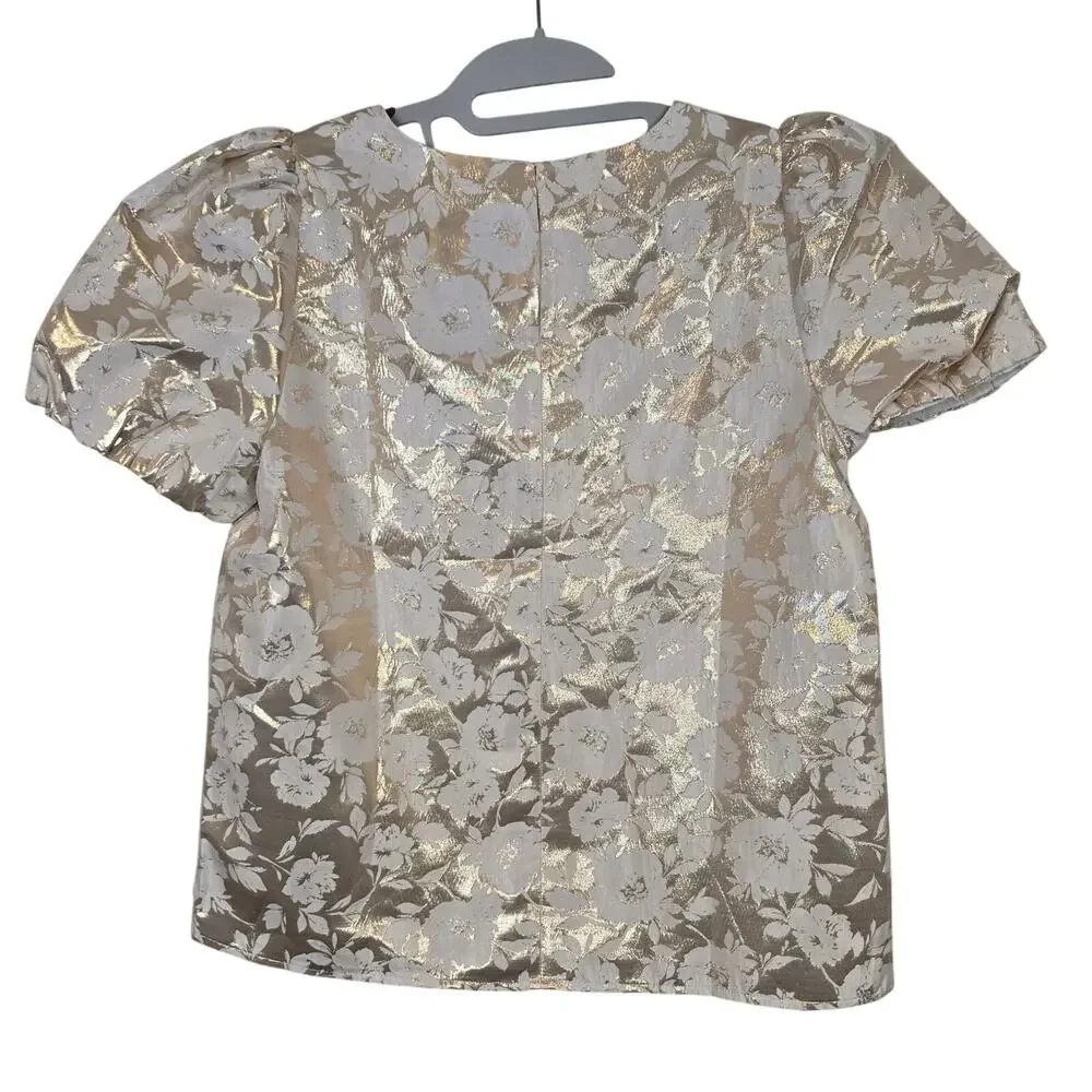 NEW NWT Women's J. Crew Gold Shimmer Floral Blouse Puff Sleeve FLAWED | Small